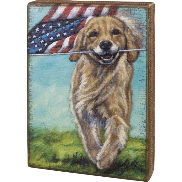 Box Sign Shelf Sitter Wall Hanging Golden Retriever USA Flag Patriotic American - Picture 2 of 4